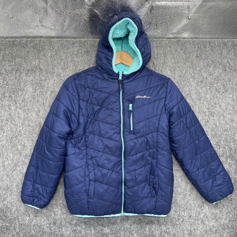 Eddie Bauer Jacket Kids Medium 10/12 Navy Blue Hooded Puffer Faux Fur Lining